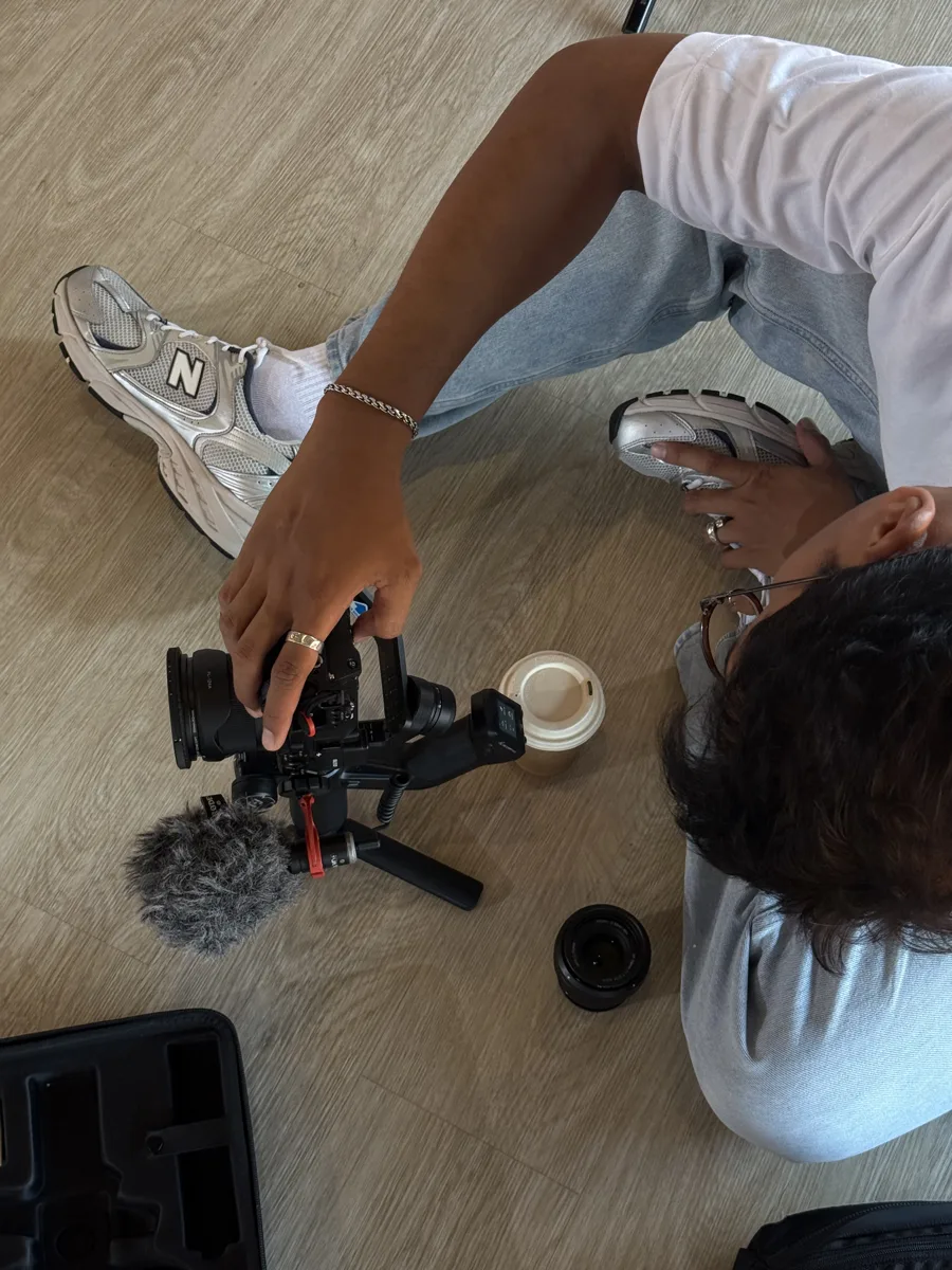 Prepping the gimbal and mic before filming
