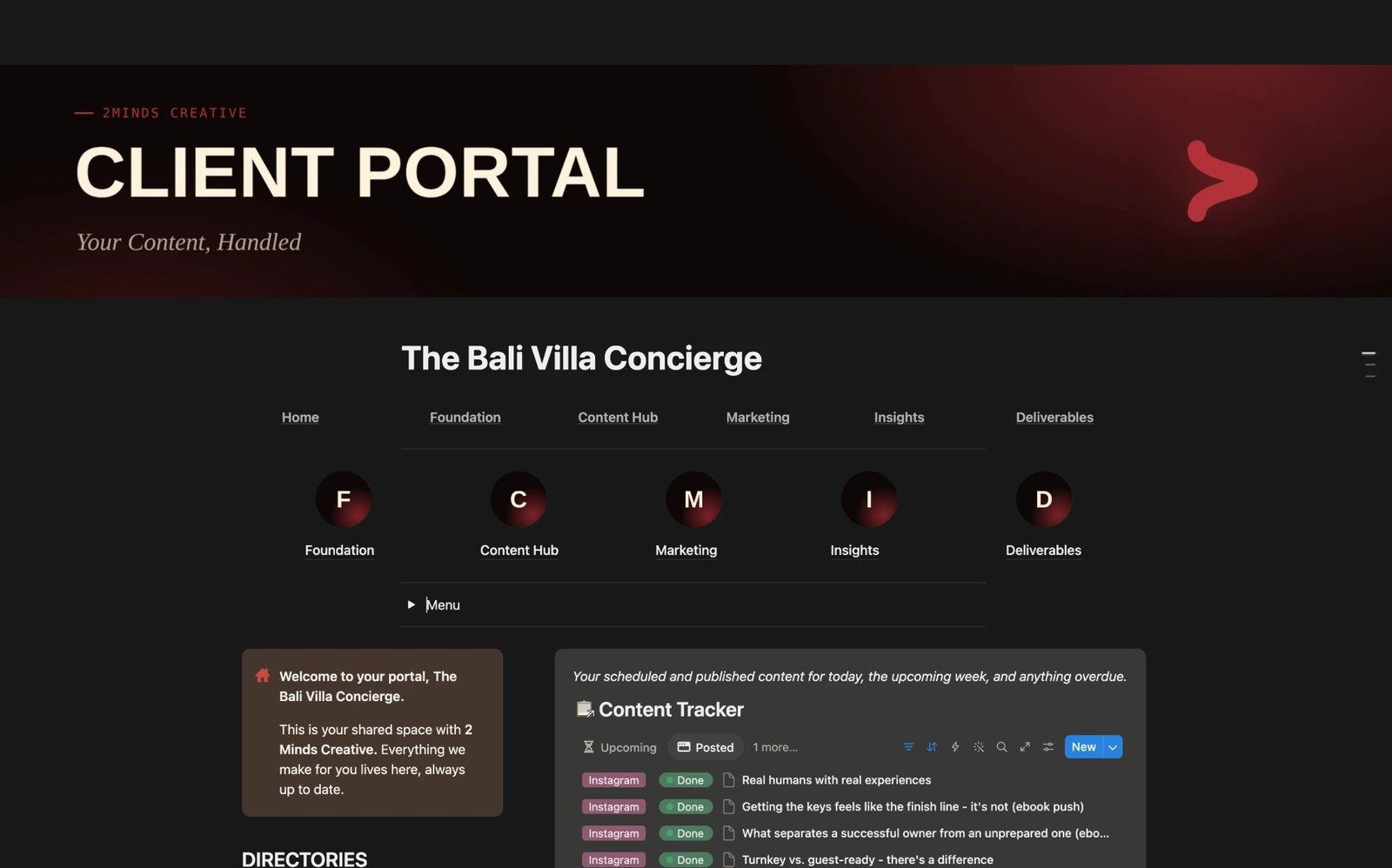 2Minds Creative client portal in Notion, showing the Bali Villa Concierge project dashboard